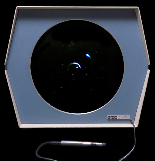 Close-up of PDP-1 display showing Spacewar! ships and starfield