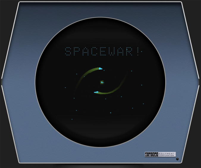 Spacewar! game screenshot showing the title screen and two ships